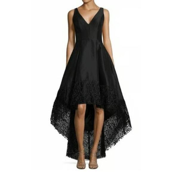 Betsy & Adam Lace Hi-Low A Line Evening Dress in Black - Picture 2 of 10